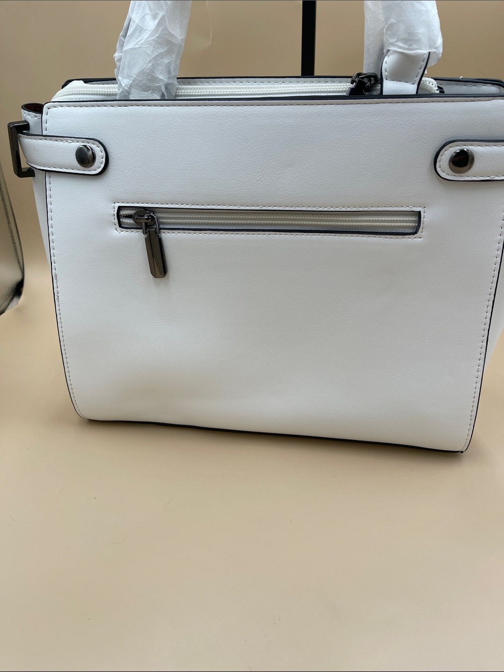 White Woven Panel Tote Bag - Women's Vegan Leather Handbag - Picture 5 of 9